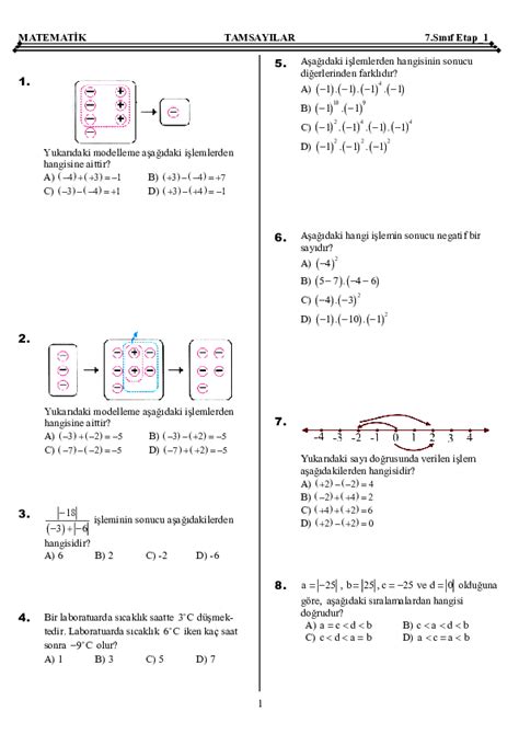 7 Sınıf Matematik Tamsayılar Karma 1 Yaprak Test Derslig