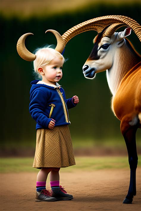 Lexica A Year Old Blonde Girl With A Hat Petting A Cute Ibex Photorealistic