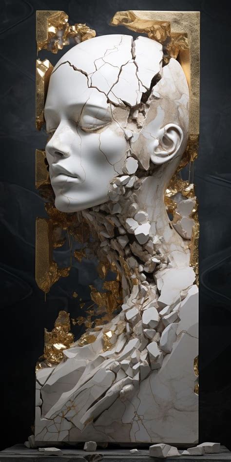 A White Sculpture With Gold Foil On It S Face And Neck In Front Of A