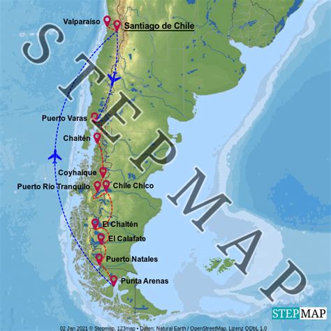 StepMap Chile Reiseroute Landkarte für Chile