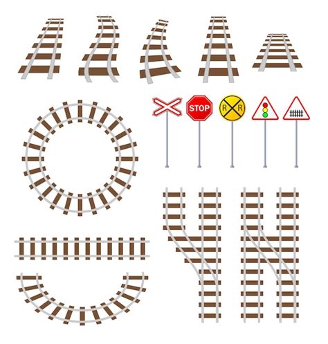 Conjunto De Vías Y Señales De Tráfico Para Tren O Tranvía Ilustraciones Vectoriales De