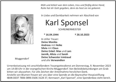 Karl Sponsel Traueranzeige Trauer InFranken De