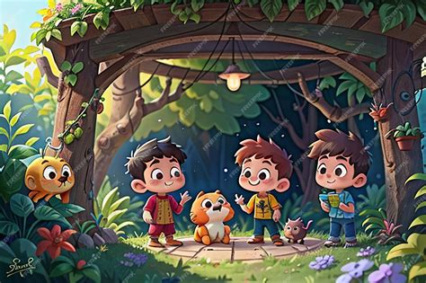 premium ai image children playing   forest cartoon forest