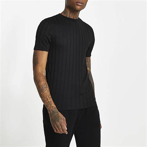 Black Ribbed Muscle Fit T Shirt River Island