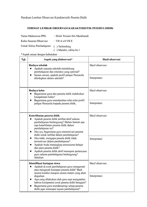 Lampiran Contoh Format Lembar Observasi Karakteristik Peserta Didik