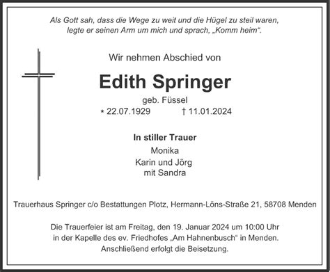 Traueranzeigen Von Edith Springer Trauer In Nrw De