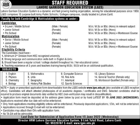 Lahore Garrison Education System LGES Teaching Jobs 2021 2024 Job