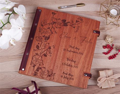 Custom Wedding Photo Album Magnetic Pages Engraved Wood Etsy