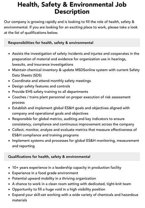 Health Safety And Environmental Job Description Velvet Jobs