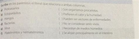 Escribe en los paréntesis y el literal que relaciona ambas columnas