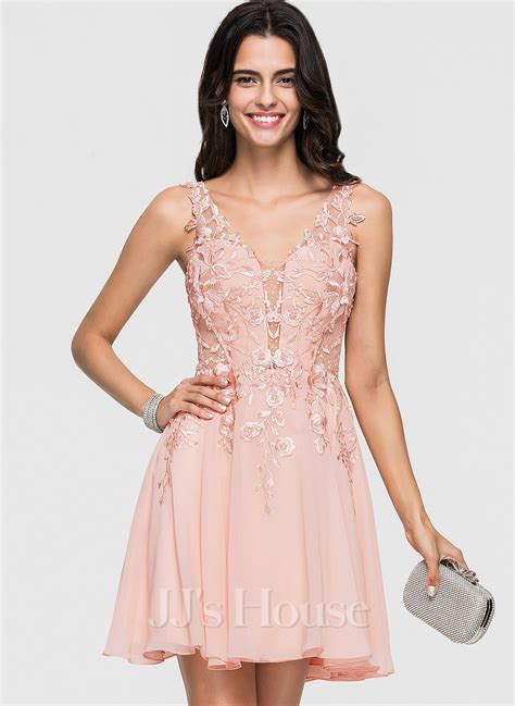 A Line V Neck Short Mini Chiffon Homecoming Dress With Lace Beading