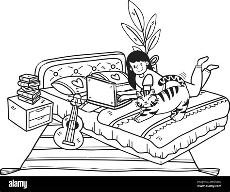 Hand Drawn Owner Working On Laptop With Cat In Office Illustration In