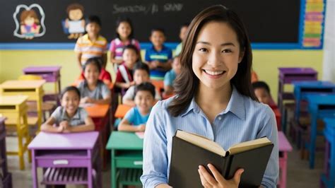 Premium Photo Smiling Young Female Teacher Standing In Front