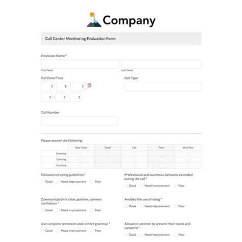 Call Monitoring Evaluation Form Template Formstack