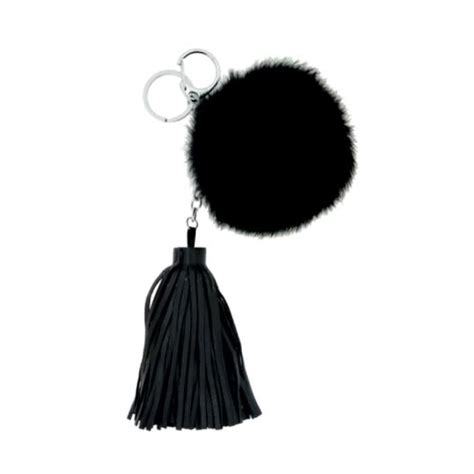 Porte Clés Bijou de sac Boule Fourrure 70mm et Pompon 10cm Noir