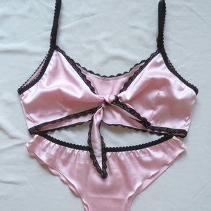 Pink Satin Lingerie Set Pink Bralette French Panty Romantic Underwear Etsy