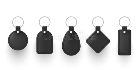 Realistic Black Leather Keychains With Metal Ring Vector Illustration