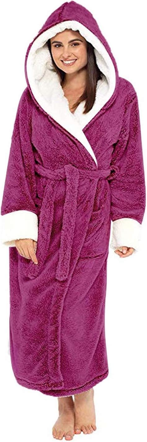 Damen Bademantel Aus Fleece Mit Kapuze Warm Lang Super Weich Mit