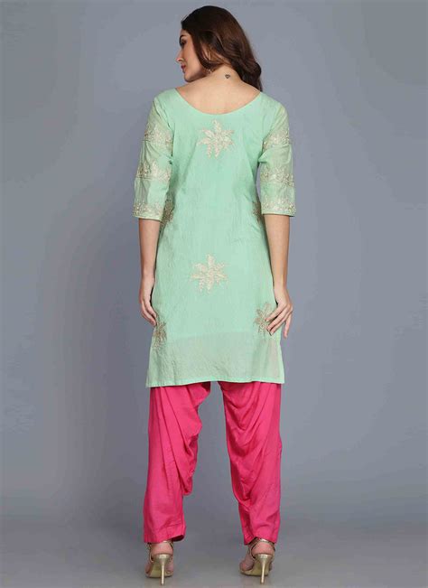 Shop Green Chanderi Cotton Aari Embroidery Kurta Salwar Set Party Wear