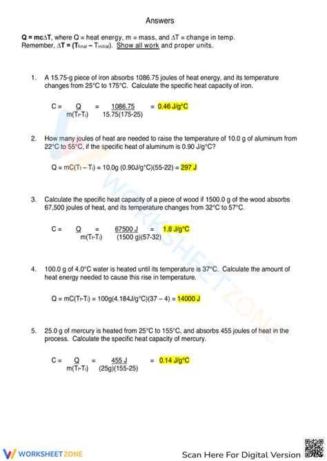 Heat Capacity And Specific Heat Calculations Practice A 1 G