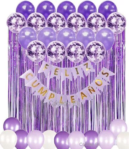 Combo Feliz Cumpleaños Lila Violeta Globos Banderin Cortina en venta en