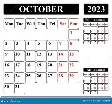 Calendario Para El Fin De Semana Del Calendario Mensual De Octubre De 2023 Con Color Rojo Stock