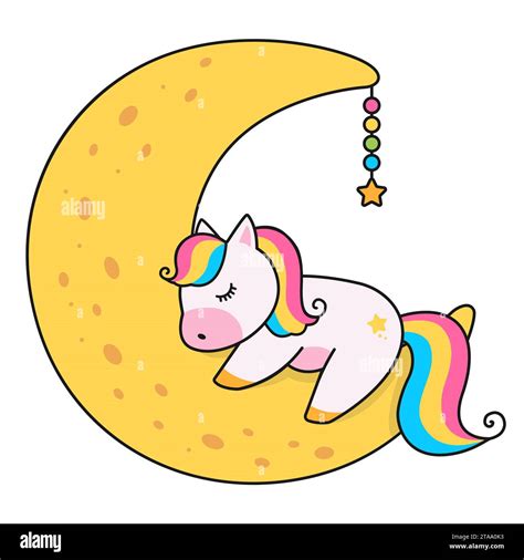 Cute Magical Character Of Unicorn Sleeping On The Moon Cartoon Vector