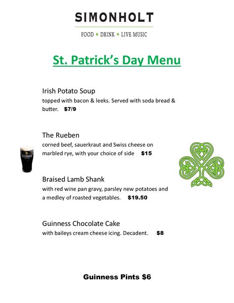 St Paddys Day Menu Simonholt Restaurant Food Drink Live Music