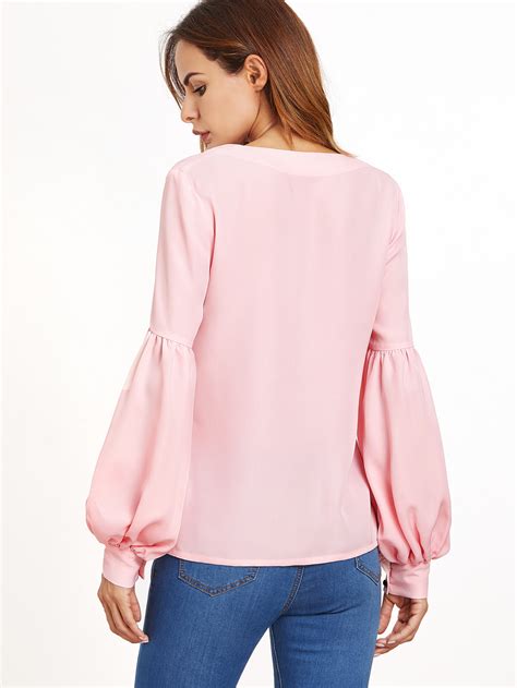 V Neckline Bishop Sleeve Top Sheinsheinside