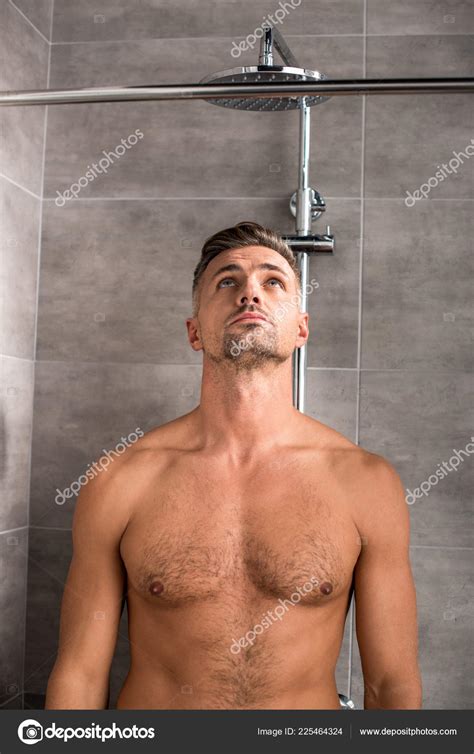 Shirtless Adult Man Muscular Torso Standing Shower Stock Photo By