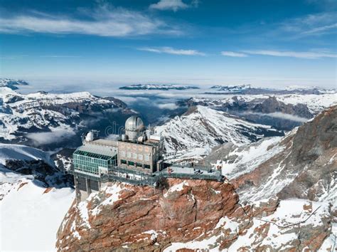 Aerial Panorama View Met Het Sphinx Observatorium Op Jungfraujoch Top