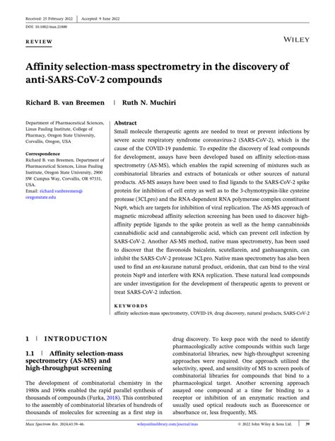 Affinity Selection‐mass Spectrometry In The Discovery Of Anti‐sars‐cov‐2 Compounds Request Pdf