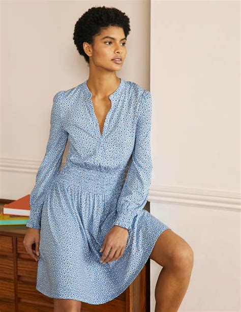 Smocked Jersey Shirt Dress Dusty Blue Cordate Leaf Boden Uk