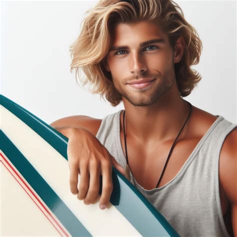 A Handsome Blonde Surfer Man With Surf Board Isolated On White