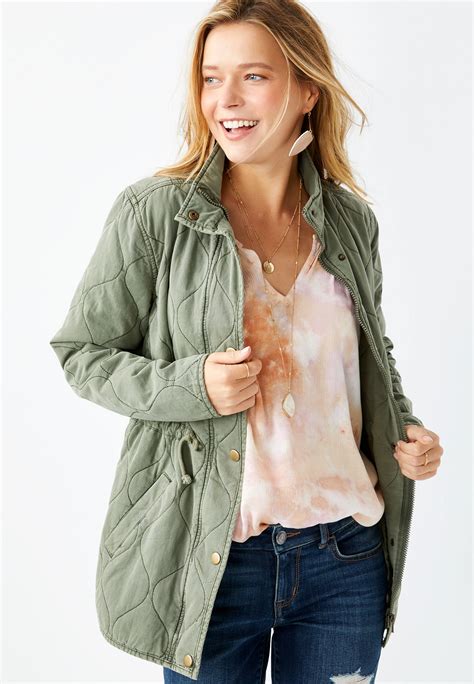 Green Quilted Cinched Waist Jacket Maurices