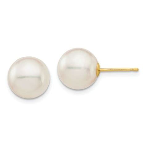 K Yellow Gold Mm White Round Saltwater Akoya Cultured Pearl Stud