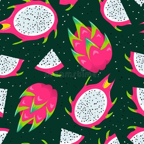 Pitahaya Dragon Fruit Summer Seamless Pattern Healthy Food Vegans