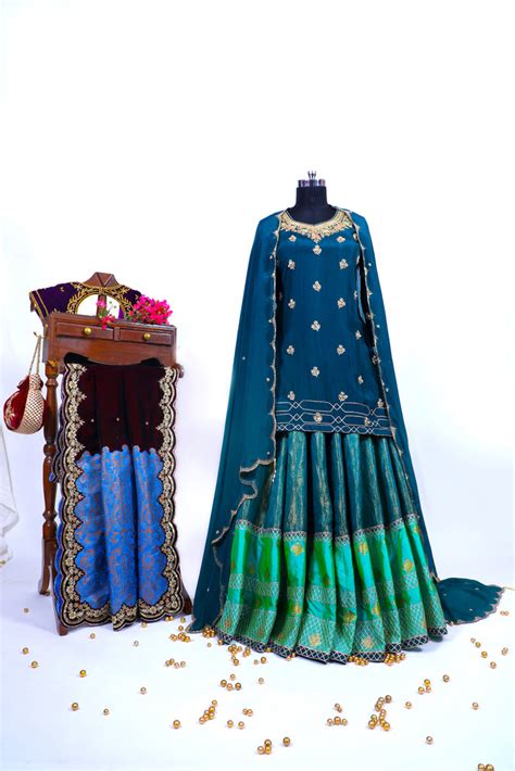 Deep Teal Embroidered Shirt With Ghagra Set Jaamawarminx