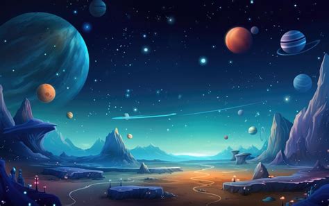 Fondo De Dibujos Animados Telón De Fondo De Un Planeta Alienígena Paisaje Con Lunas Y Cielo