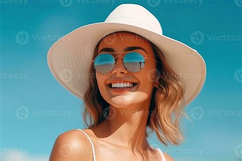 Portrait Beautiful Woman Wearing Sunglasses And Hat Smiling Confident