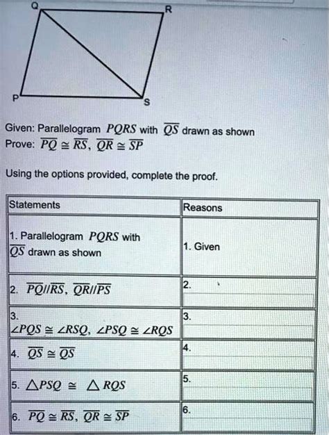 Given Parallelogram PQRS With QS Drawn As Shown Prove PQ RS OR