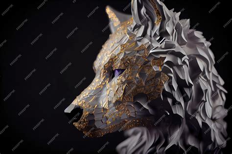 Un Mosaico De Un Lobo Con Colores Dorado Y Plateado Foto Premium