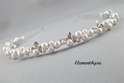 Pearl Headband Bridal Tiara Silver Leaf Swarovski Pearls Beaded