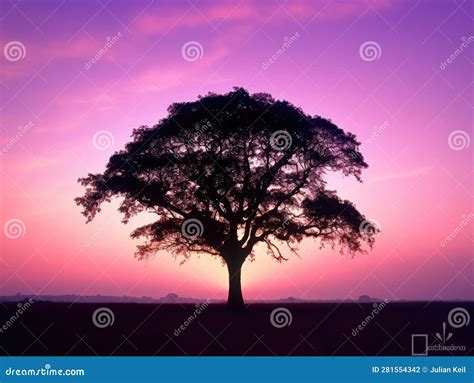 Purple And Yellow Sunset With Tree Silhouette Stock Illustration