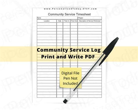 Community Service Log Sheet Print