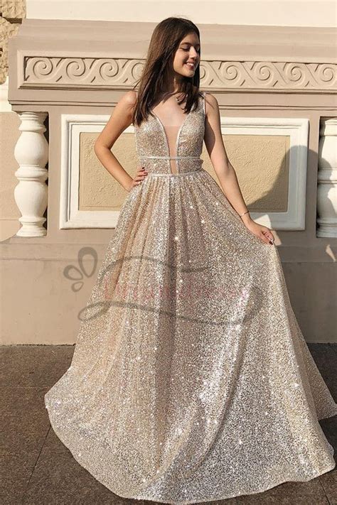 Sparkly Champagne V Neck Long Prom Dress Formal Evening Dresses