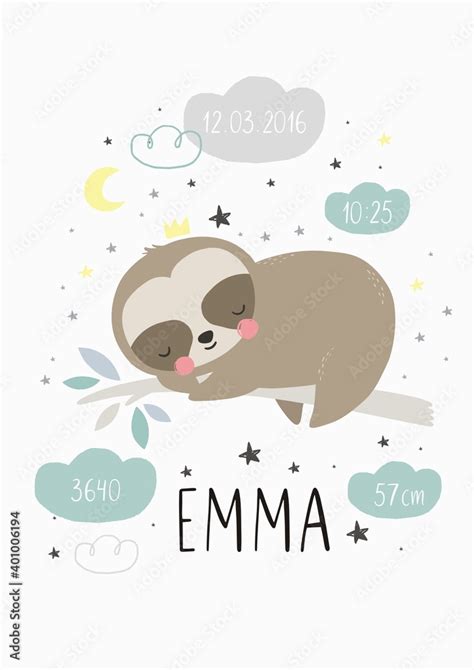 Cute cartoon sloth baby sleeping. Windy poster for Baby shower with a cute sleeping sloth ...