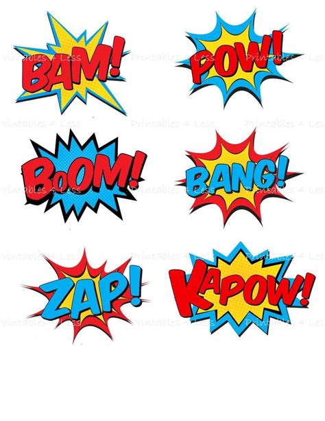 Comic Speech Bubbles With Boom Bang And Kapow Written In Red Blue And