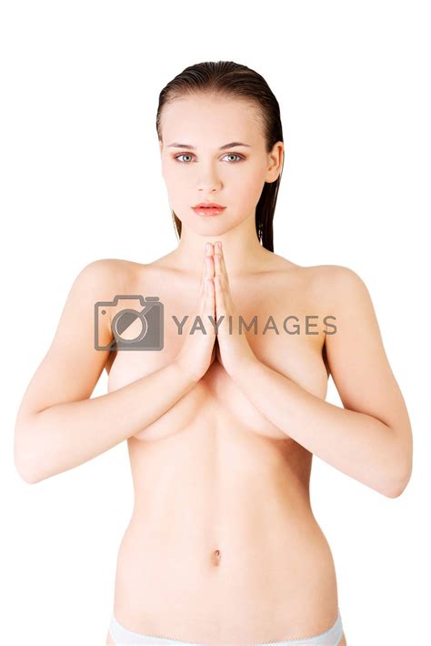 Attractive Beautiful Naked Woman With Hands Together Covering By Bds