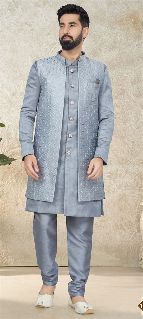 Indo Western Dress For Wedding Men In Silver Grey Colour Shahi Fits